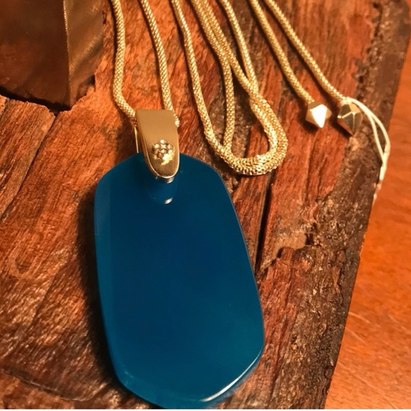 NWT Kendra Scott Inez Teal Agate Long Pendant Necklace on Gold Tone Chain - Picture 2 of 15